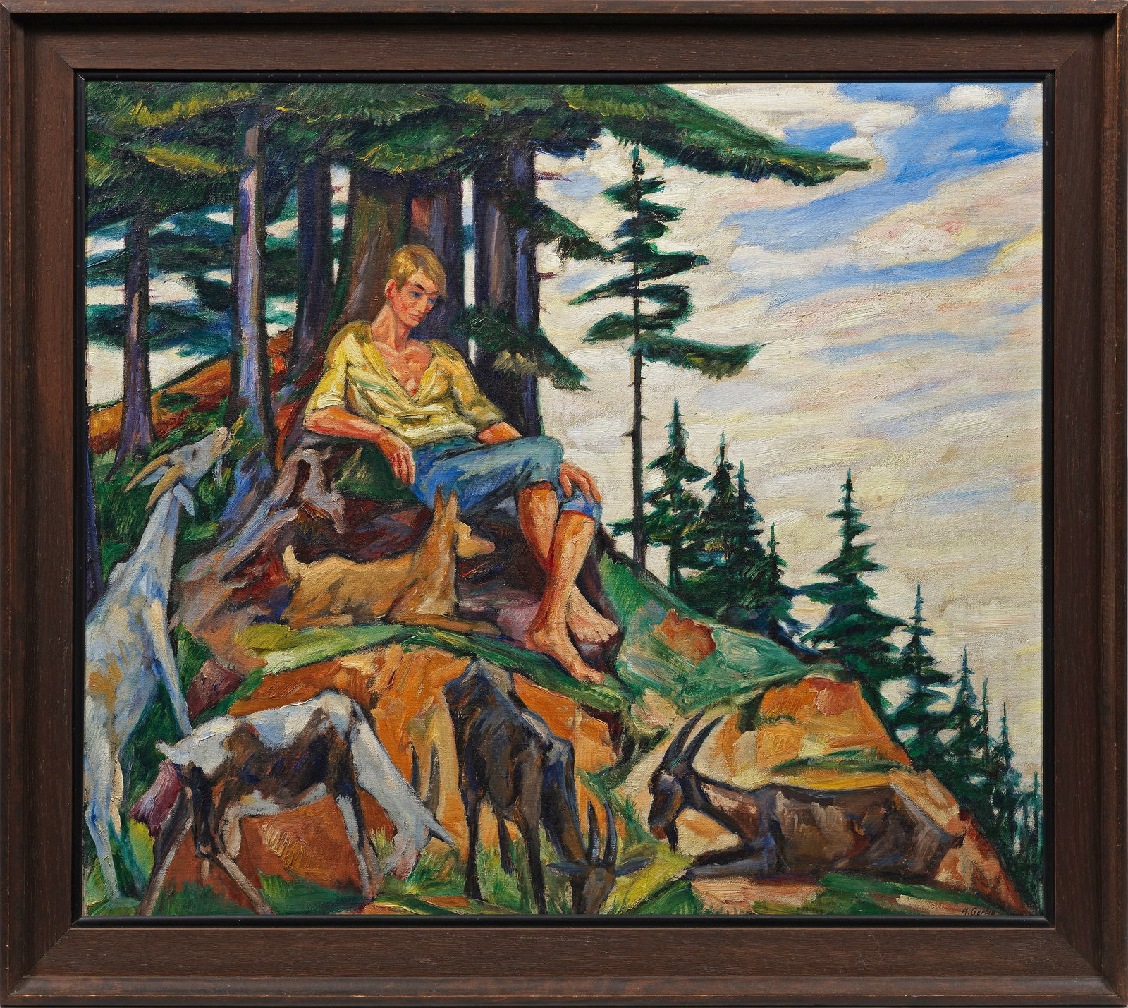 Alexander Gerbig: (1878 Suhl - 1948 ebenda) Ziegenhirte bei der Rast In expressiver Formensprache, kräftiger Palette und teils dominanter Konturlinie ausgeführtes, ausdrucksstarkes Werk Gerbigs, der bereits 1899 den