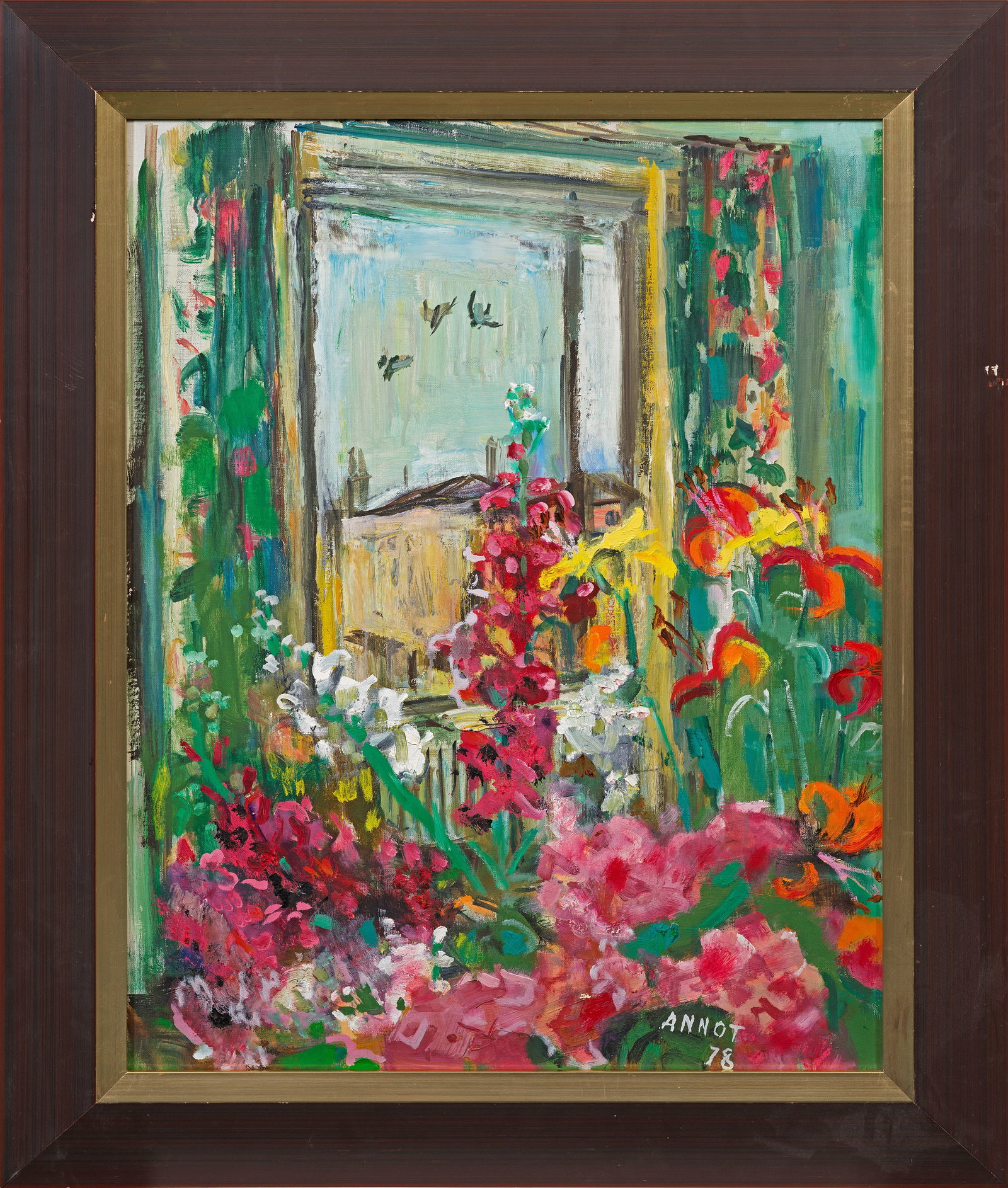 Annot Jacobi: (1894 Berlin - 1981 München) Sommerliche Farbenpracht vor dem Fenster Äußerst dynamisch und in leuchtenden Farben gemalter Blick über einen farbenfrohen Blumenstrauß hinweg auf ein Fenster mit