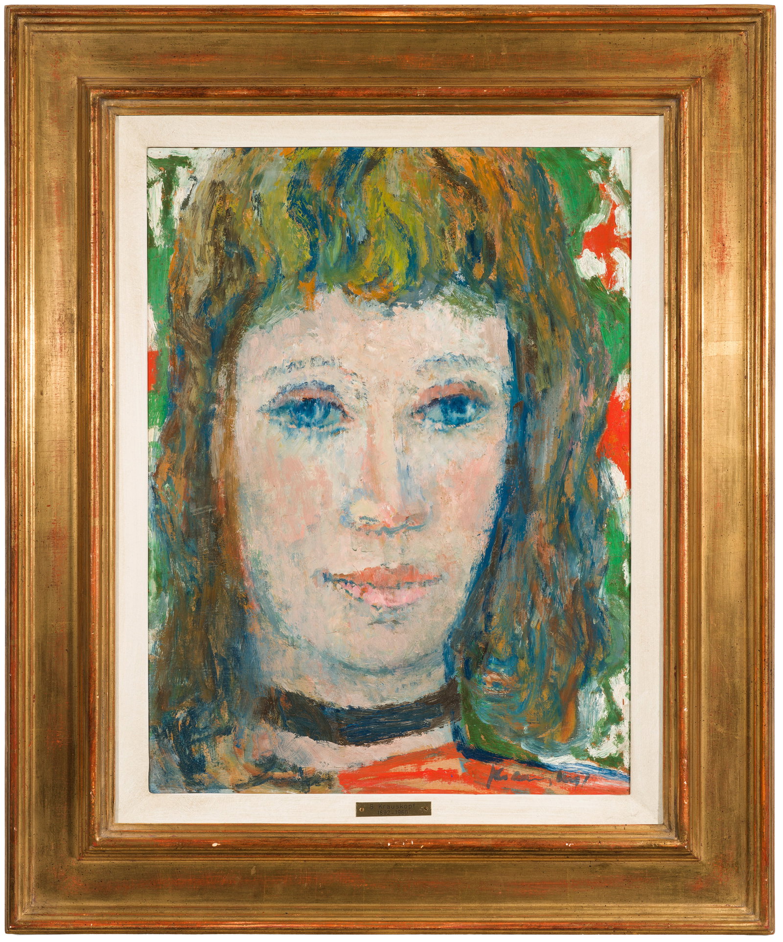 Bruno Krauskopf: (1892 Marienburg - 1960 Berlin) Porträt eines jungen Mädchens Expressionistischer Porträtkopf einer jungen Frau mit schulterlangem, braunem Haar, den Krauskopf in einem intensiv leuchtenden