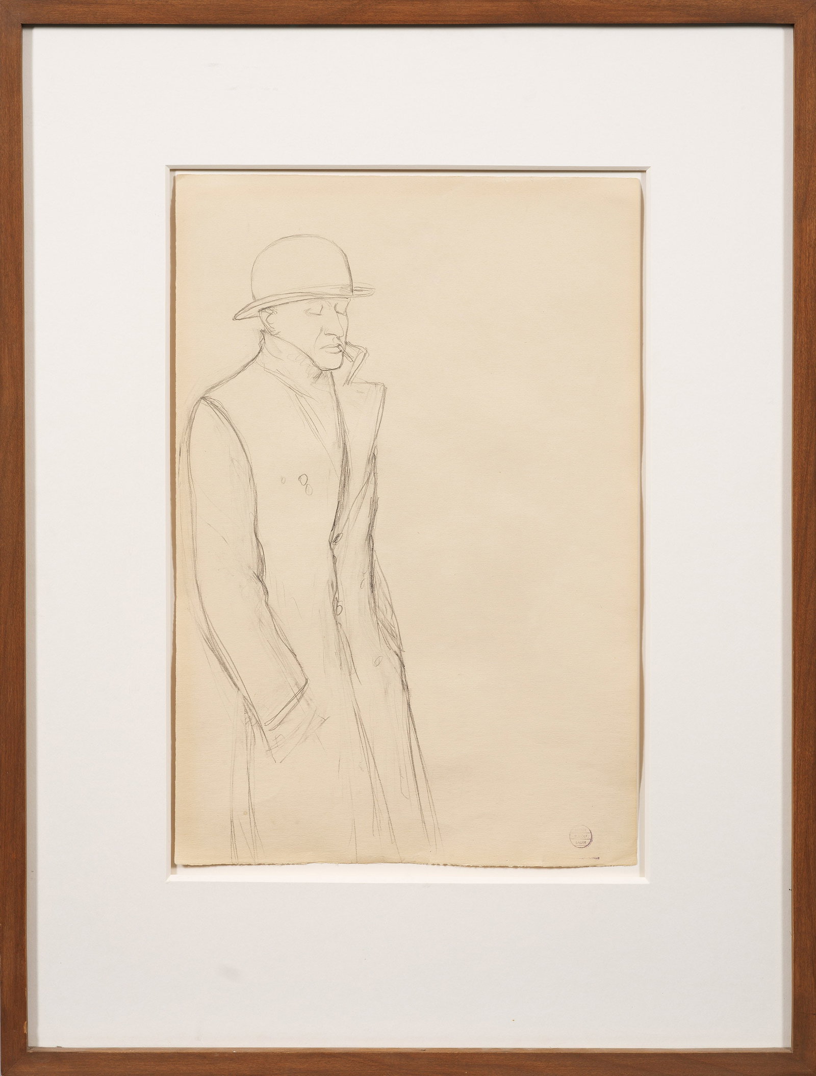 Rudolf Bauer: (1889 Lindenwald/Posen - 1953 Deal/Monmouth County) Raucher mit Mantel und Melone Wie angelehnt steht ein rauchender Mann mit hochgeschlagenem Kragen, tief ins Gesicht gezogenem Hut mit geschlossenen