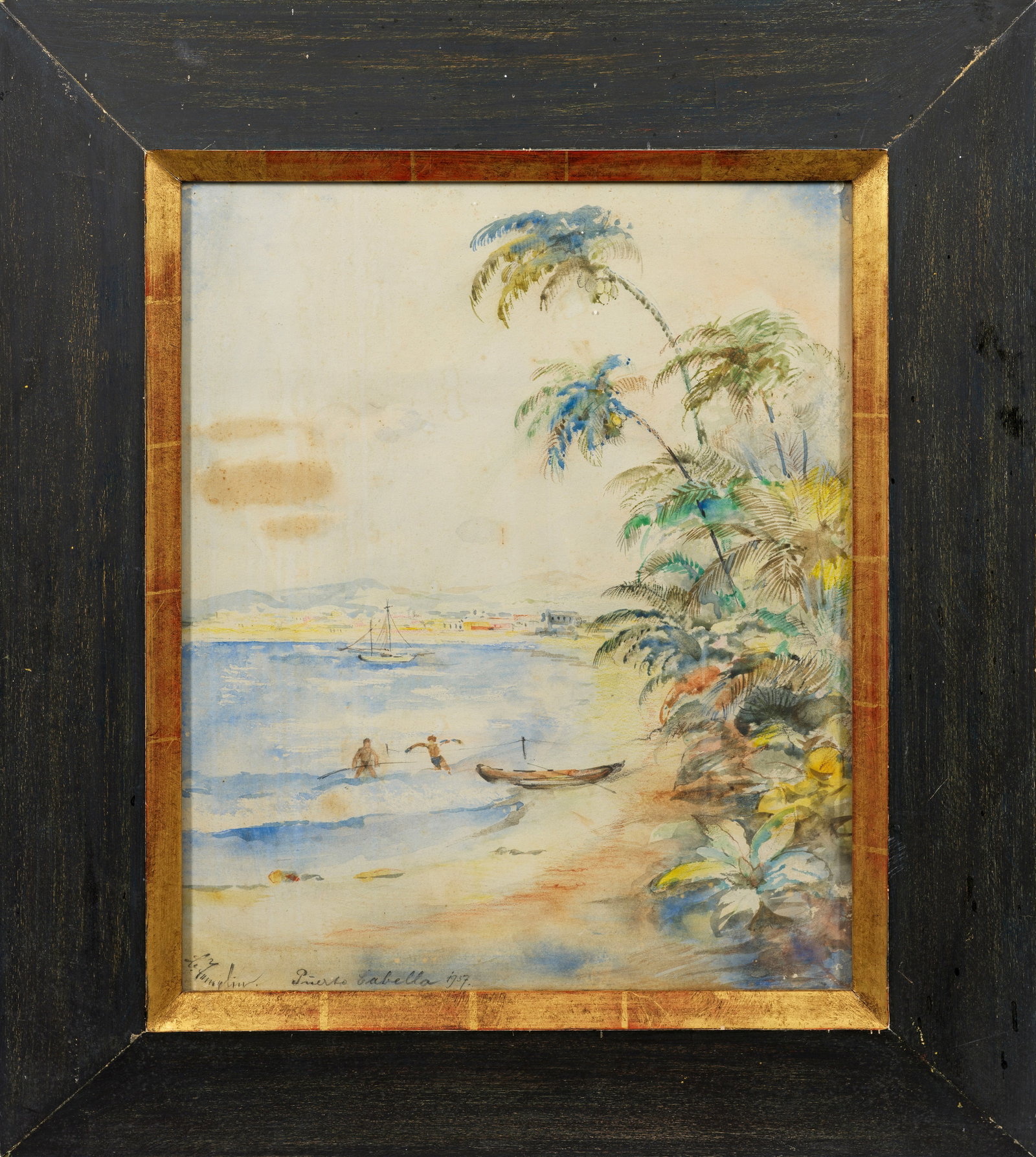 Bernhard Templin: (1894 Düsseldorf - 1971 oder 1974 ebenda) Am Strand von Puerto Cabella Sommerlich heitere Strandszene in der venezolanischen Hafenstadt Puerto Cabella. Templin studierte ab 1917 an der