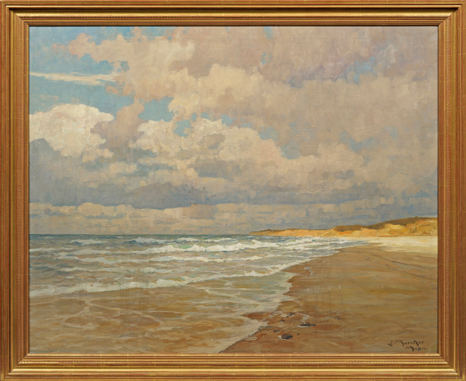 Erich Mercker: (1891 Zabern/Elsaß - 1973 München) "Strand bei Kampen Sylt". Originaltitel Mit lockerem, breiten Pinselstrich und fein nuancierter, lichter Palette gemalte, unmittelbare, großformatige