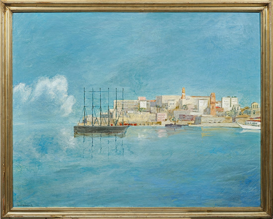 Wilhelm Schnarrenberger: (1892 Buchen im Odenwald - 1966 Karlsruhe) Mediterraner Hafen In klarer Atmosphäre und präziser, sachlicher Komposition angelegte Ansicht eines malerischen, südlichen Hafens. 1932 und somit auf