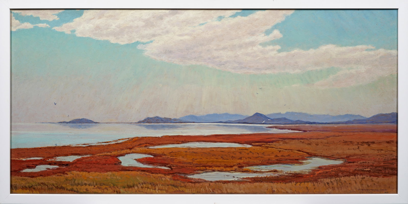 Magnus Weidemann: (1880 Hamburg - 1967 Keitum/Sylt) "Am Königshafen bei List, Sylt". Originaltitel Stimmungsvolle, friedvolle Wattlandschaft in der Bucht Königshafen auf Sylt. Charakteristisches, atmosphärisches