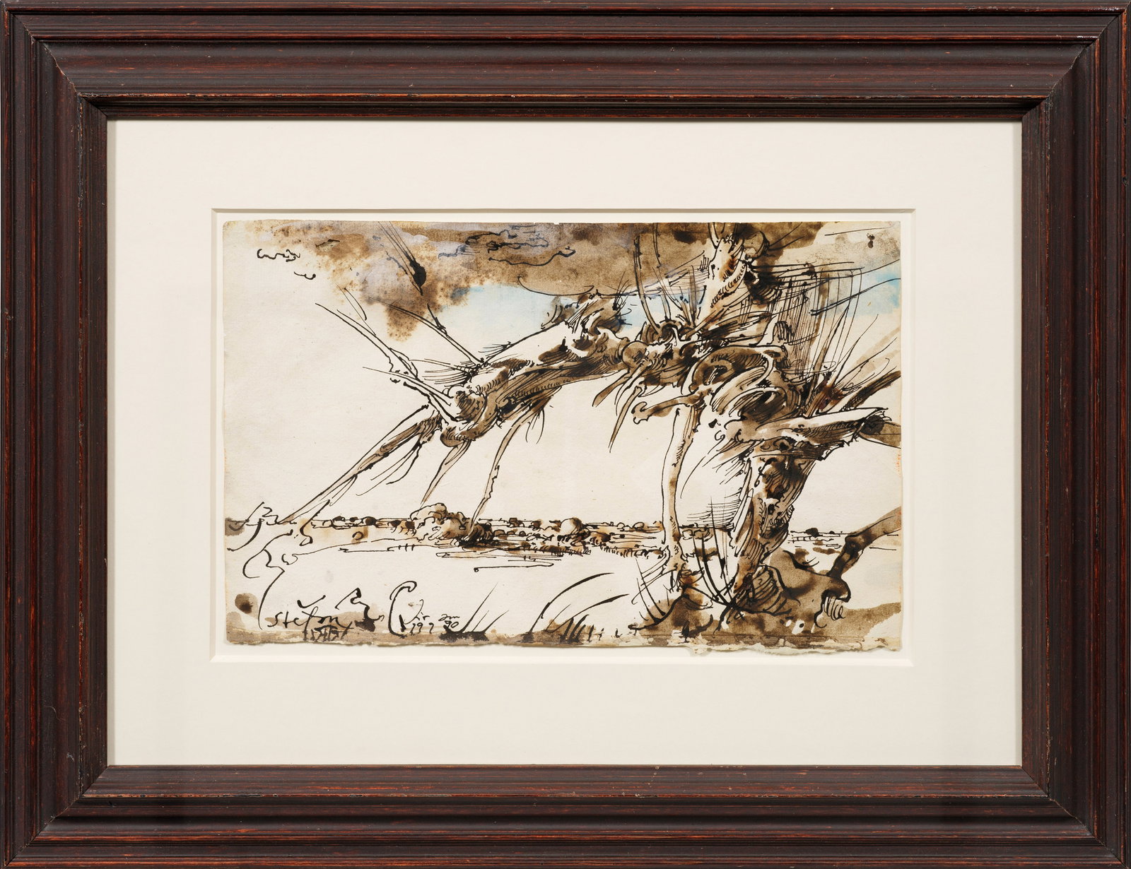 Horst Janssen: (1929 Hamburg - 1995 ebenda) Landschaft mit Weide Eine skulptural anmutende, knorrige Weide dominiert mit ihren wilden Aststrukturen den Vordergrund der Landschaftsimpression, während sich dahinter e