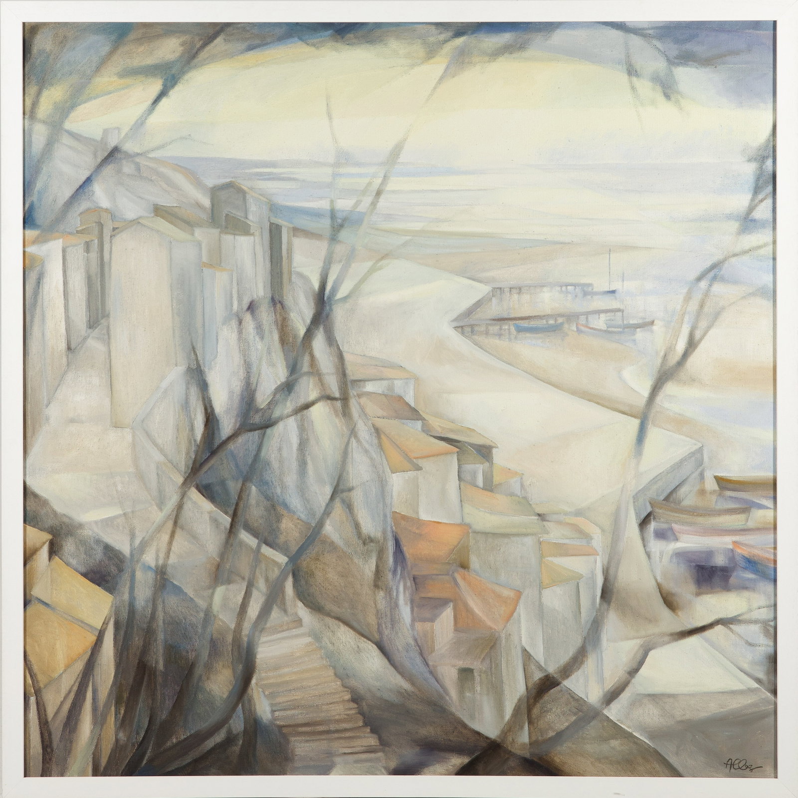 Rose Alber: (1931 Stuttgart - 2025 Berlin)) "Am Lago Trasimeno". Originaltitel In reduzierter Formensprache, prismenartiger Lichtführung und lasierendem, geschichtetem Farbauftrag angelegte Italien-Landschaft, d