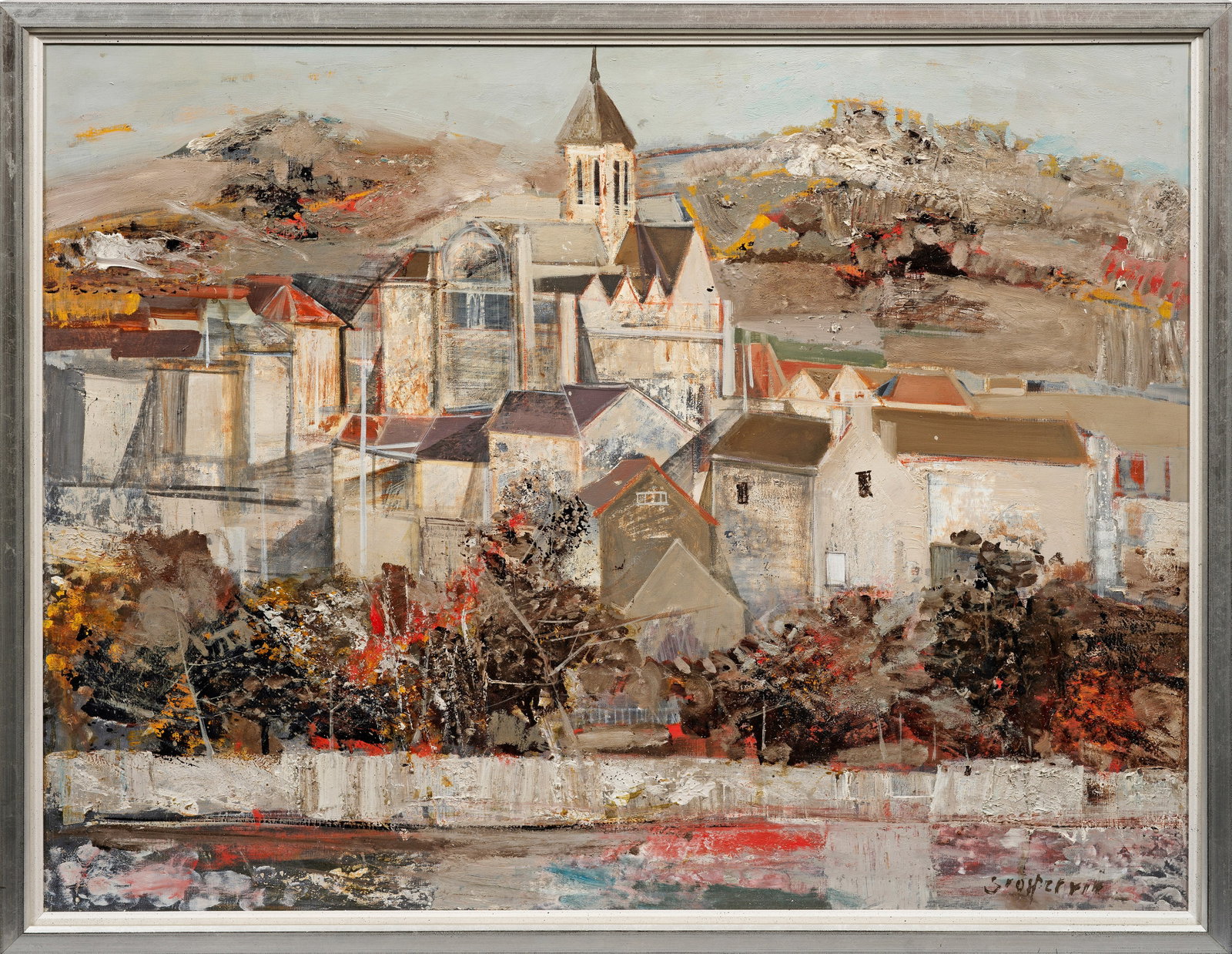 Claude Grosperrin: (1936 Charenton - 1977 Paris) Ansicht von Vetheuil Postimpressionistische, von Cézanne inspirierte Landschaft in stilisierter, reduzierter, flächig angelegter Formensprache und somit charakteristisc