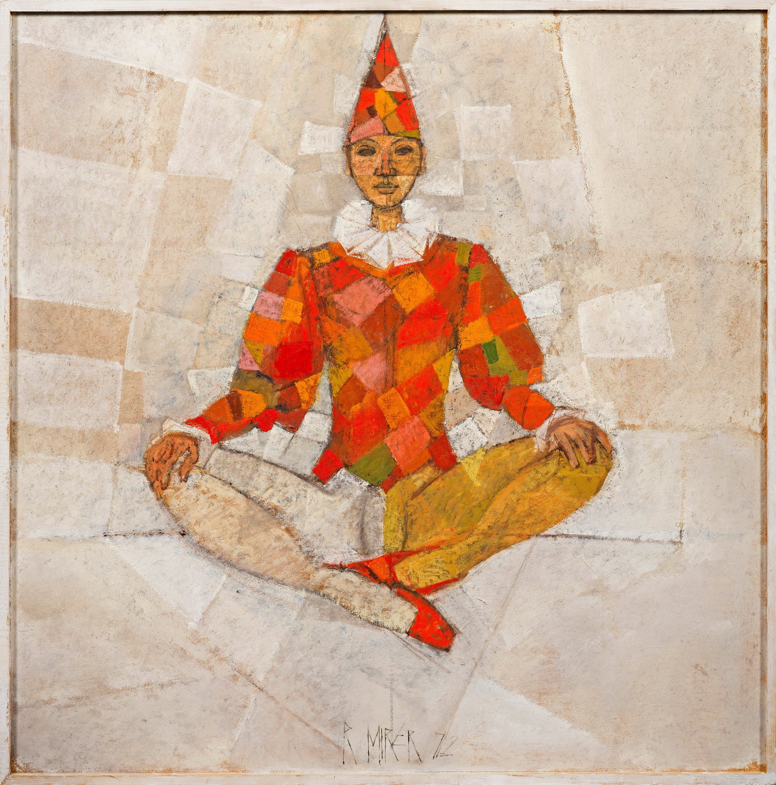 Rudolf Mirer: (1937 Chur - 2025 Obersaxen/ Graubünden) Harlekin Entspannt im "Schneidersitz" frontal dargestellter, androgyner Harlekin im Rautenkostüm mit zylindrischem Hut. Die bereits seit dem 12. Jh. bekannte