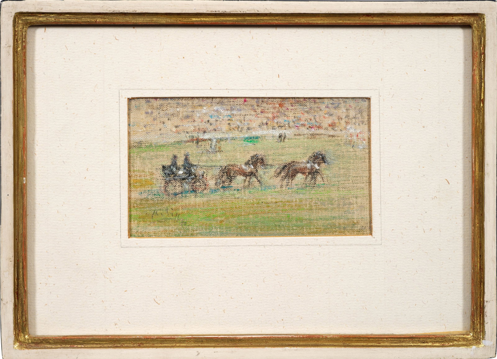 Klaus Philipp: (1932 Aue/Erzgebirge - 2023 bei Köln) "Zweispänner, Schweiz". Originaltitel Hellblauer Fiaker mit Kutscher im schwarzen Mantel, mit Zylinder und Peitsche, die beiden Pferde antreibend. Der passionie