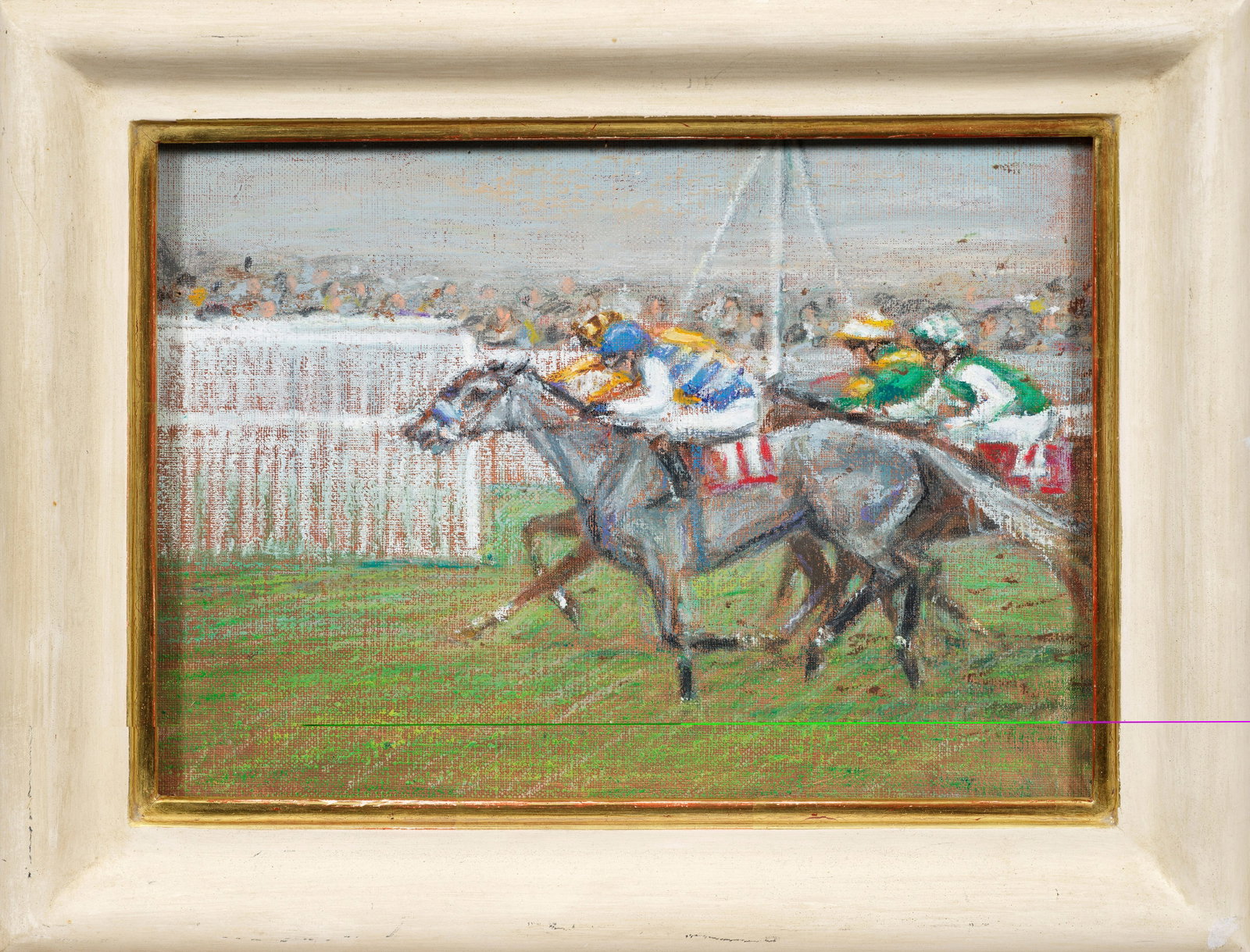 Klaus Philipp: (1932 Aue/Erzgebirge - 2023 bei Köln) "Die Jockeys (Tote gold trophy Newbury)". Originaltitel Gezeigt sind Teilnehmer des 1000 Meter Super-Sprint-Pferderennen von Newbury vor einem großen Publikum.
