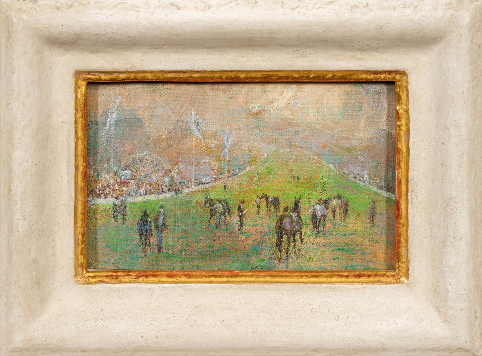 Klaus Philipp: (1932 Aue/Erzgebirge - 2023 bei Köln) "Englische Szene". Originaltitel Nur schemenhaft angedeuteter Parcour mit Pferden, geführt von ihren Reitern. Daneben eine Wiese mit Riesenrad und Publikum.