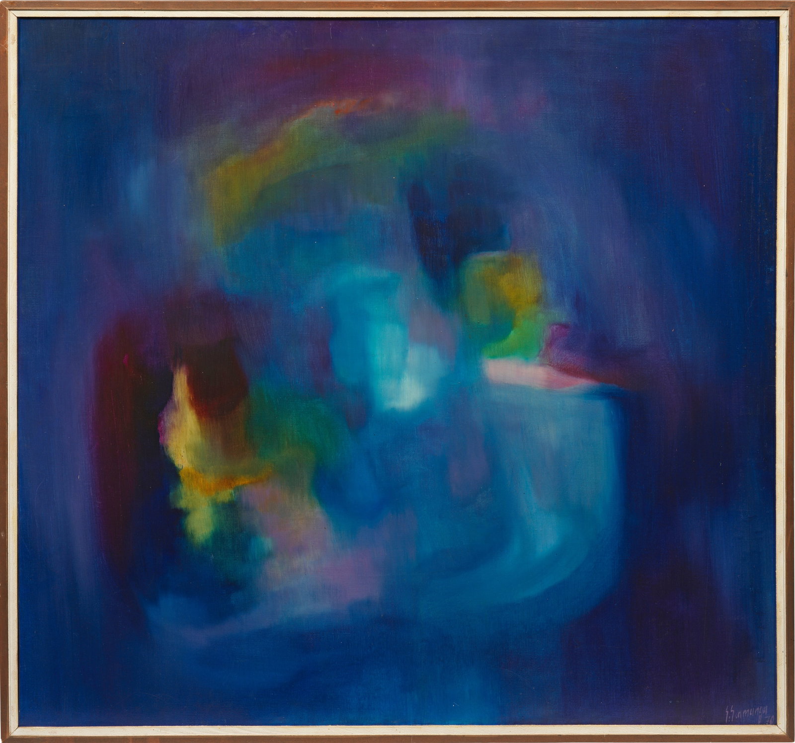 Stelio Scamanga: (1934 Damaskus/Syrien - 2021 Genf/Schweiz) Ohne Titel Charakteristisches Werk konkreter Malerei des in Beirut ausgebildeten Künstlers, in dem mit diffus-formlosen Farbsetzungen vor dunkelblauem Grund
