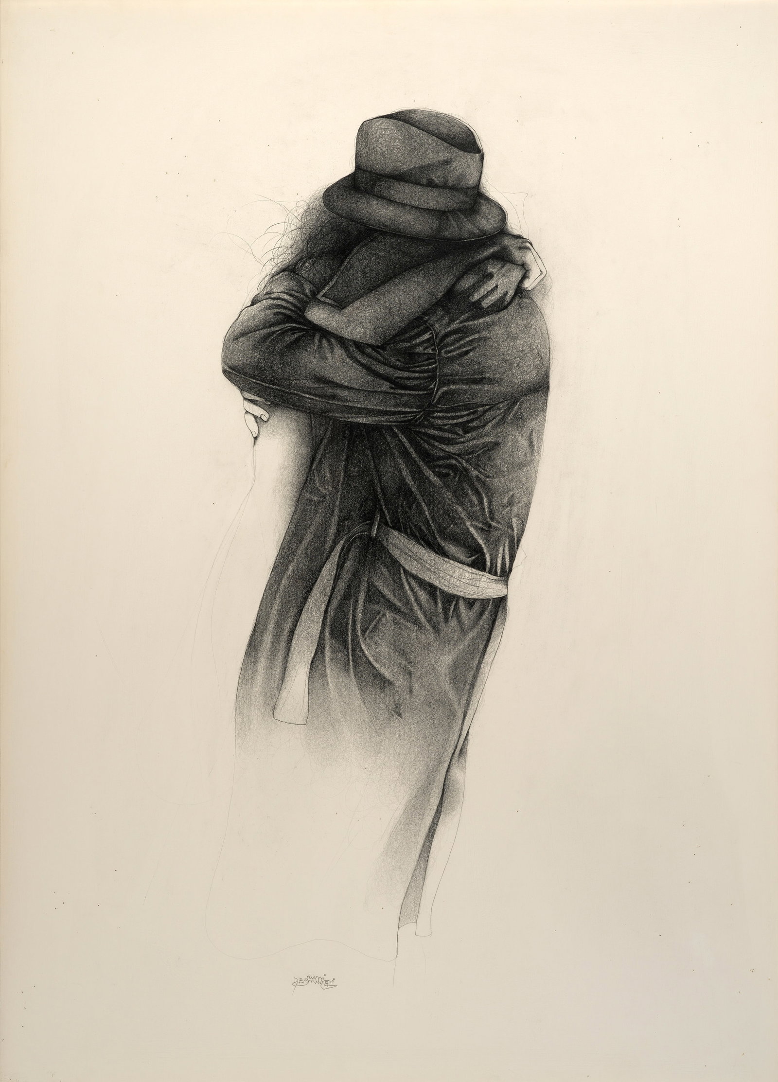 Bruno Bruni: (1935 Gradara/ Italien- lebt in Hannover) Umarmung Filigrane Zeichnung mit hohem Wiedererkennungswert, denn die Umarmung einer nackten Frau durch einen Mann mit Schlapphut und Regenmantel ist ein häu