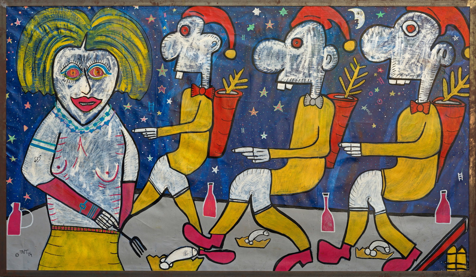 Thierry Noir: (Geb. 1958 Lyon. Lebt und arbeitet seit 1982 in Berlin) "Das große Fressen". Originaltitel Der großformatige Wandfries zeigt comichafte Figuren vor einem mit Sternen bedeckten dunkelblauen Himmel.