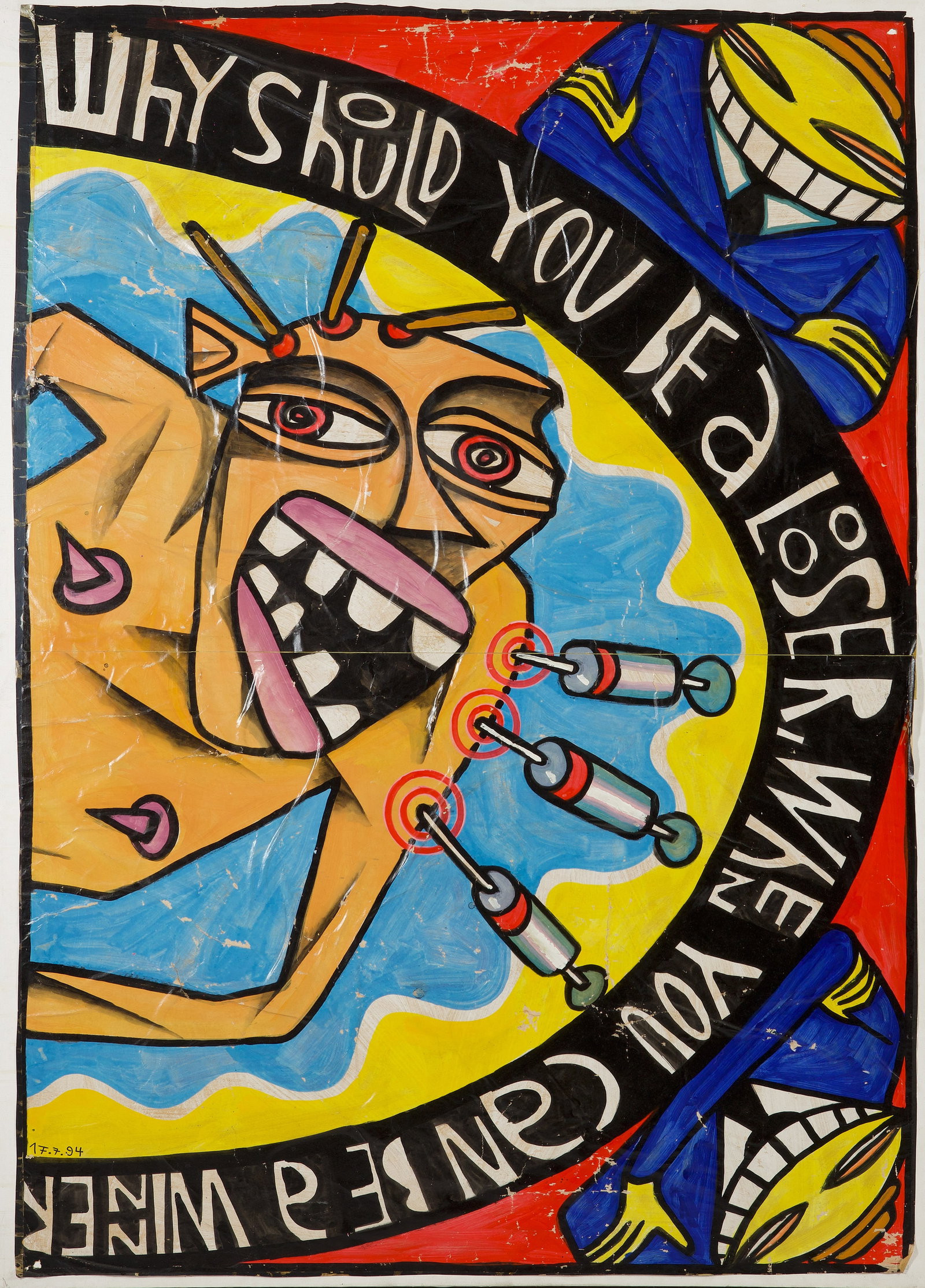 Jim Avignon: (Geb. um 1965-1968. Ansässig in Berlin) "Why should you be a looser, when you can be a winner". Originaltitel. Graffiti-artige Darstellung eines Mannes mit Spritzen im Arm und zwei lachenden
