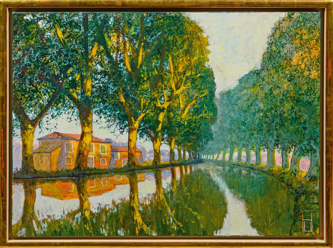 Uwe Herbst: (Geb. 1952 Köln) "Etude für Hof am Canal du midi". Originaltitel In effektvoller Lichtbehandlung und spannungsreicher Komposition geschilderte, abendliche Partie an einem ruhigen, französischen Kan