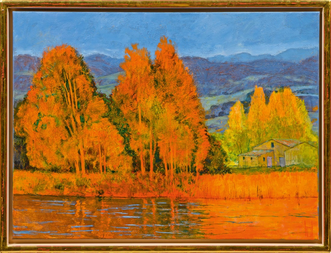 Uwe Herbst: (Geb. 1952 Köln) "Hof an der Durance". Originaltitel In warmer, rot-orangener Abendsonne inszenierte, mit Schilf bewachsene Uferansicht der Durance mit Bäumen und einem einsamen Hof. Im Hintergrund