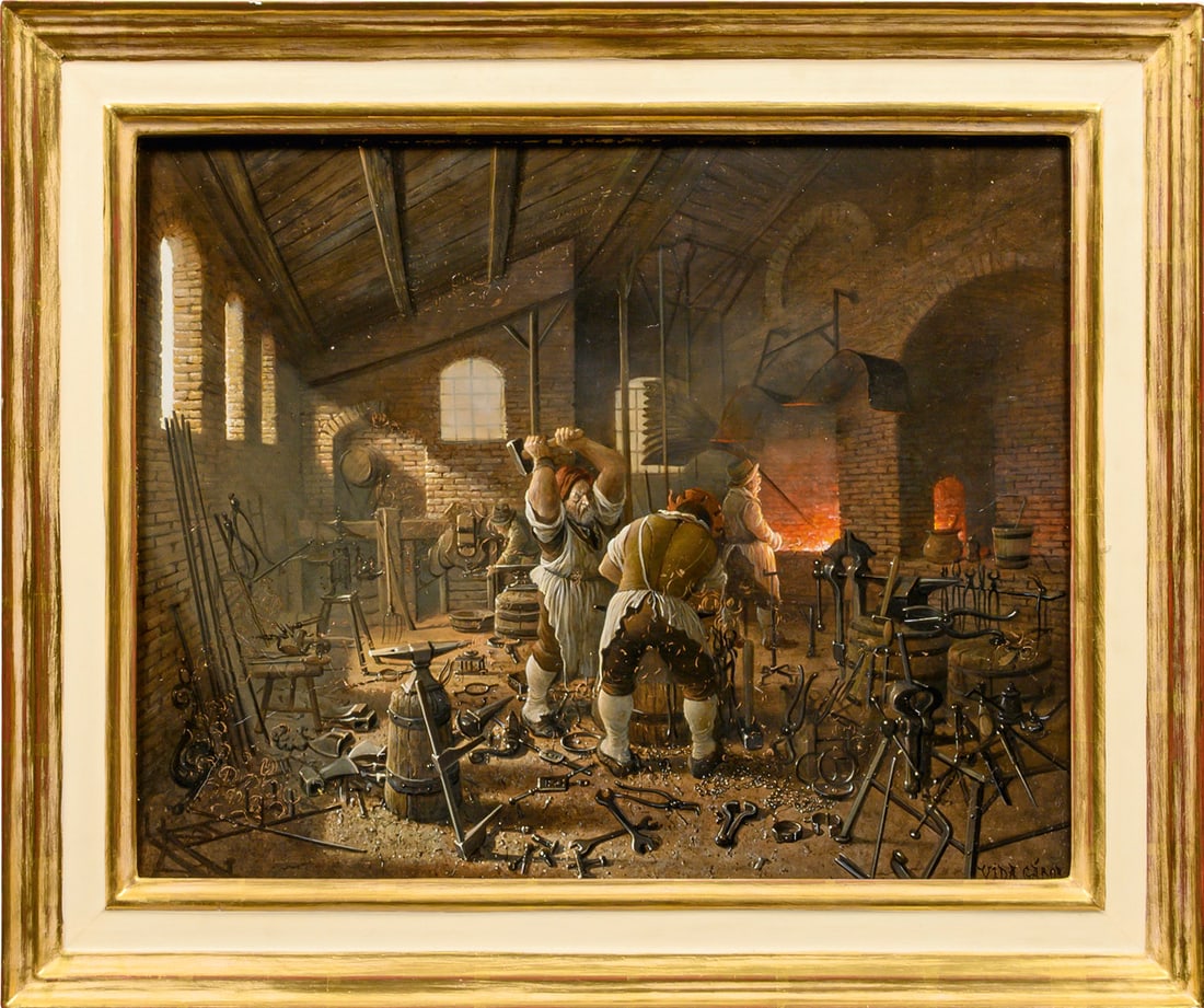 Gabor Vida: (1937 Budapest - 2007 ebenda) In der Schmiedewerkstatt Detailreich inszenierte Genreszene in einer Schmiedewerkstatt, die kräftige, grobschlächtige Handwerker bei der harten Arbeit am Amboss und am