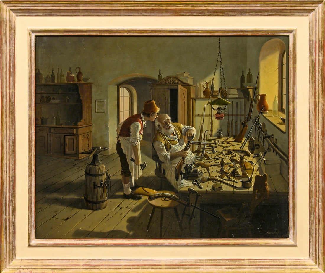 Gabor Vida: (1937 Budapest - 2007 ebenda) Beim Büchsenmacher Blick in ein vom einfallenden Sonnenschein beleuchtetes, reich ausgestattetes Büchsenmacher-Atelier, in dem der Meister gerade seinem Gesellen das