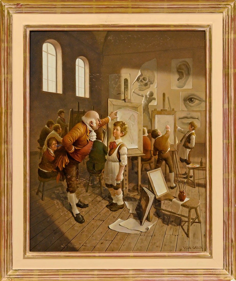 Gabor Vida: (1937 Budapest - 2007 ebenda) Tumult in der Zeichenklasse In detailreich geschilderter Rauminszenierung schildert Gabor eine erzählerische, humoristische Szene in der Zeichenschule: Unter dem hämisc