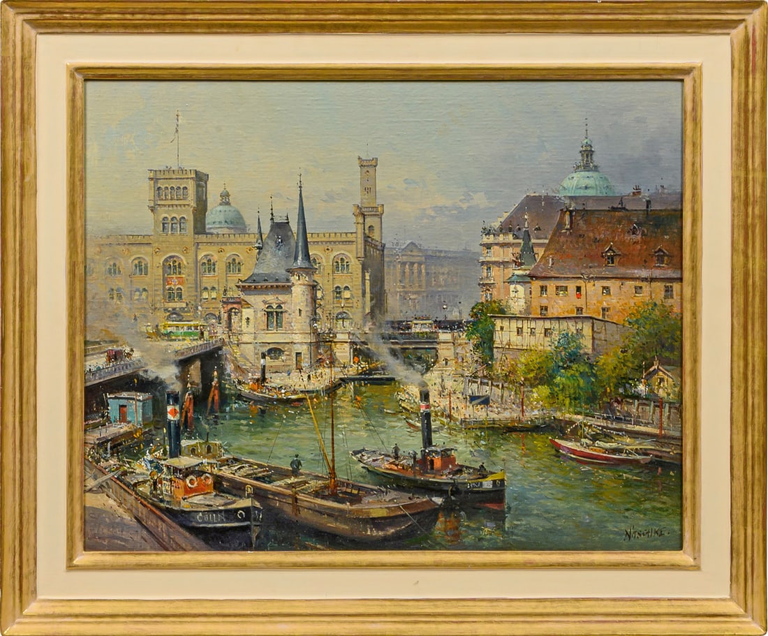 Detlev Nitschke: (Geb. 1935 Berlin. Ansässig in Göttingen) Am Schiffsanleger in Alt-Berlin In subtiler topografischer Wiedergabe und lockerer, impressionistischer Pinselführung ausgeführte, heiter belebte