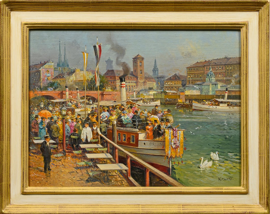 Detlev Nitschke: (Geb. 1935 Berlin. Ansässig in Göttingen) Ausflug auf der Spree An einem sommerlichen Sonntagnachmittag hat sich eine illustre, bunt gemischte Gesellschaft am Bootsanleger versammelt, um einen Ausfl