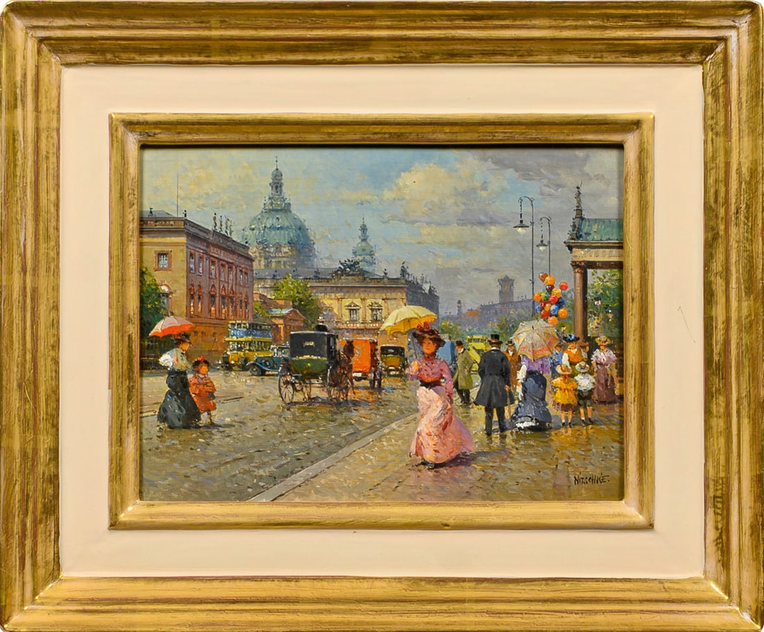 Detlev Nitschke: (Geb. 1935 Berlin. Ansässig in Göttingen) Sommerliche Straßenszene in Alt-Berlin Lebendig heitere Ansicht des bunt frequentierten Berliner Boulevards "Unter den Linden" mit Domblick, belebt durch e