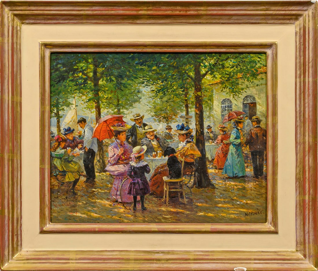 Detlev Nitschke: (Geb. 1935 Berlin. Ansässig in Göttingen) Gesellige Biergartenszene am See Reizvolle, impressionistische Szene mit Blick auf einen bunt frequentierten Biergarten an einer belebten Seepromenade.