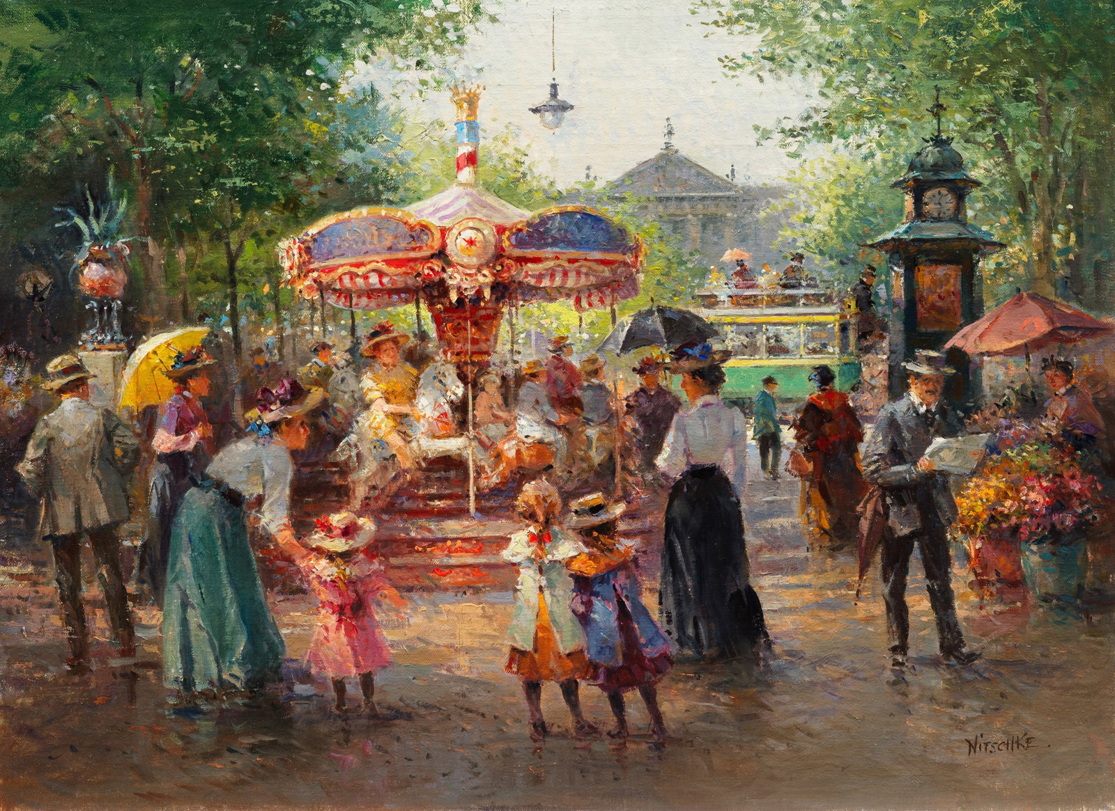 Detlev Nitschke: (Geb. 1935 Berlin, ansässig in Göttingen) Karusell in Paris Kinder mit ihren Müttern warten geduldig auf eine Fahrt in einem Kinderkarusell mit Pferden. Straßenbahnen ziehen vorbei und Männer les