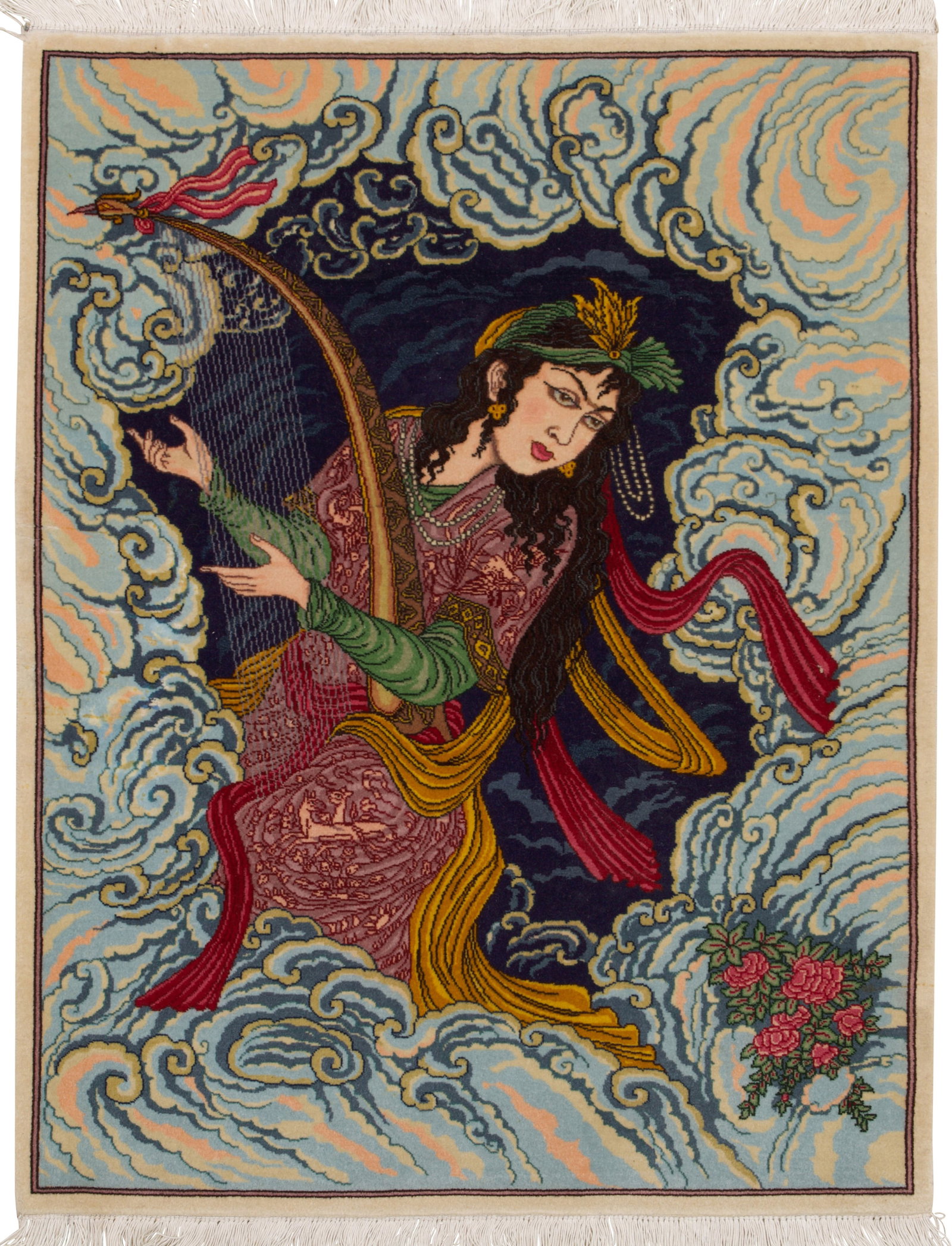Isfahan-Bildteppich: Persien. Korkwolle auf Baumwolle. Im Innenfeld flächendeckende Darstellung Sherazades, umgeben von üppigen Wolkenmotiven. Umlaufend schmale Rahmung. 69 cm x 94 cm. A Persian Isfahan rug.