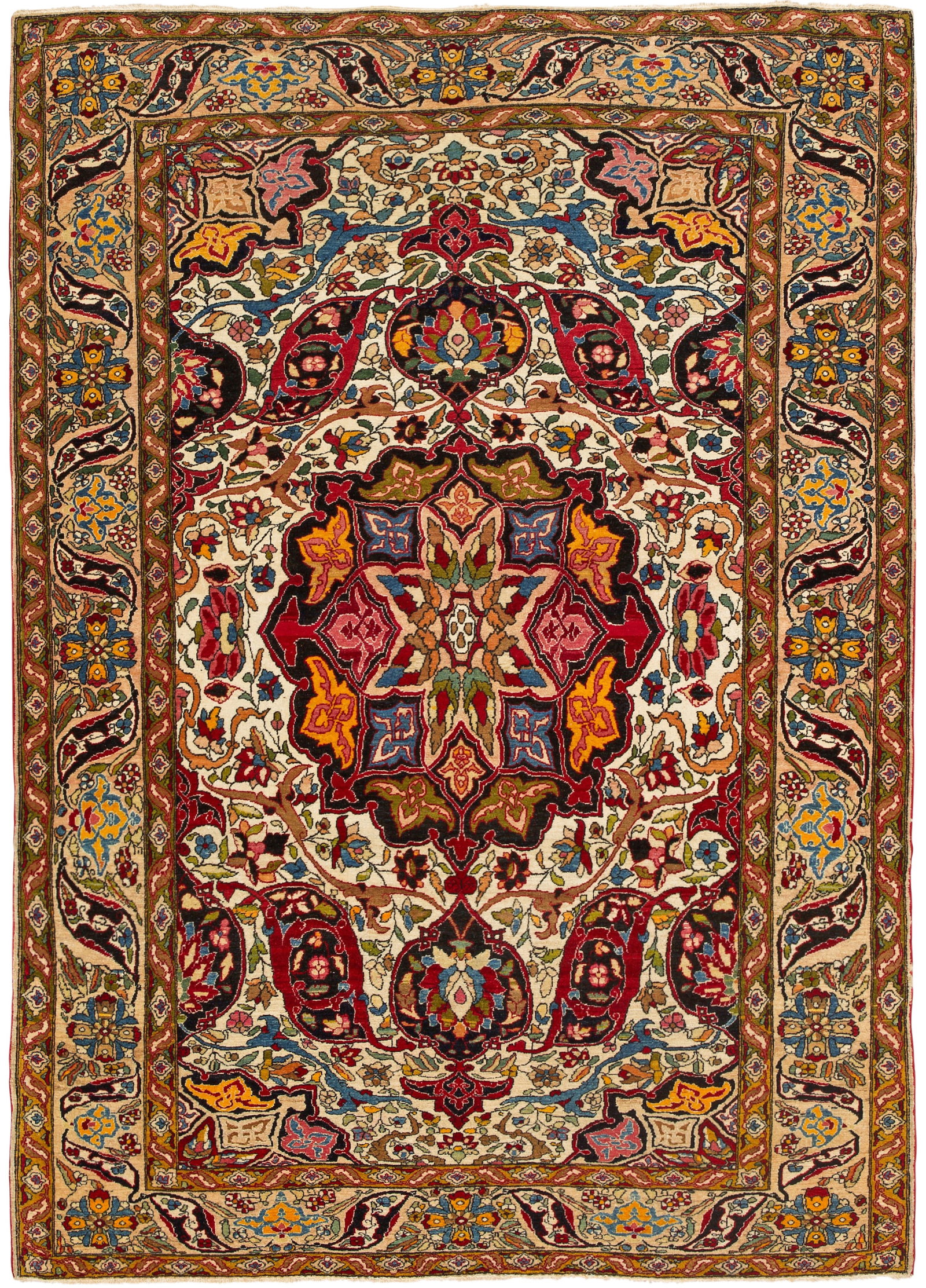 Antike Isfahan-Brücke: Persien. Um 1900-1910. Korkwolle auf Baumwolle. Im elfenbeinfarbenen Innenfeld großes Zentralmedaillon in leuchtenden Rot- und Orangetönen sowie flächendeckende Musterung aus Rankenwerk. Umlaufend 