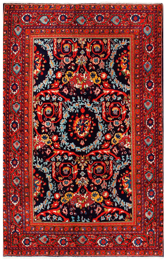 Alte Sarough-Brücke: Persien. Wolle auf Baumwolle. Auf dunklem Fond flächendeckende Musterung aus roten Arabesken und hellblauen Blütengirlanden. Umlaufend breite, rotgrundige Palmettenbordüre. 205 cm x 136 cm. An old 