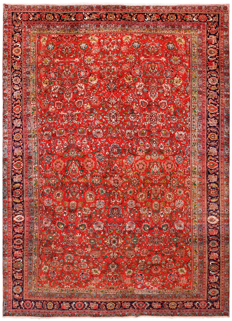 Großer Bidjar-Teppich: Persien. Um 1960. Wolle auf Baumwolle. Im hellroten Innenfeld flächendeckende Musterung aus dicht angeordneten Palmettenranken. Umlaufend dunkelgrundige Palmettenbordüre, flankiert von schmalen