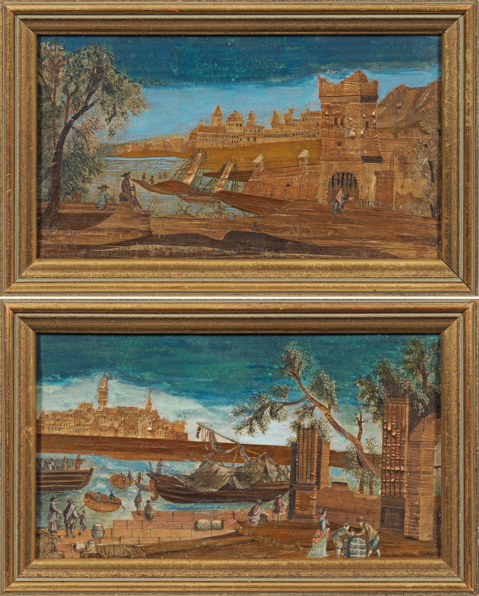 Paar "Marqueterie de Paille"-Ansichten: Aquarell und Stroh. Detailreich angelegte, mit reger Figurenstaffage belebte, reizvolle Ansichten pittoresker Küstenstädte, inspiriert von italienischen Küstenstädten wie Venedig, Neapel oder