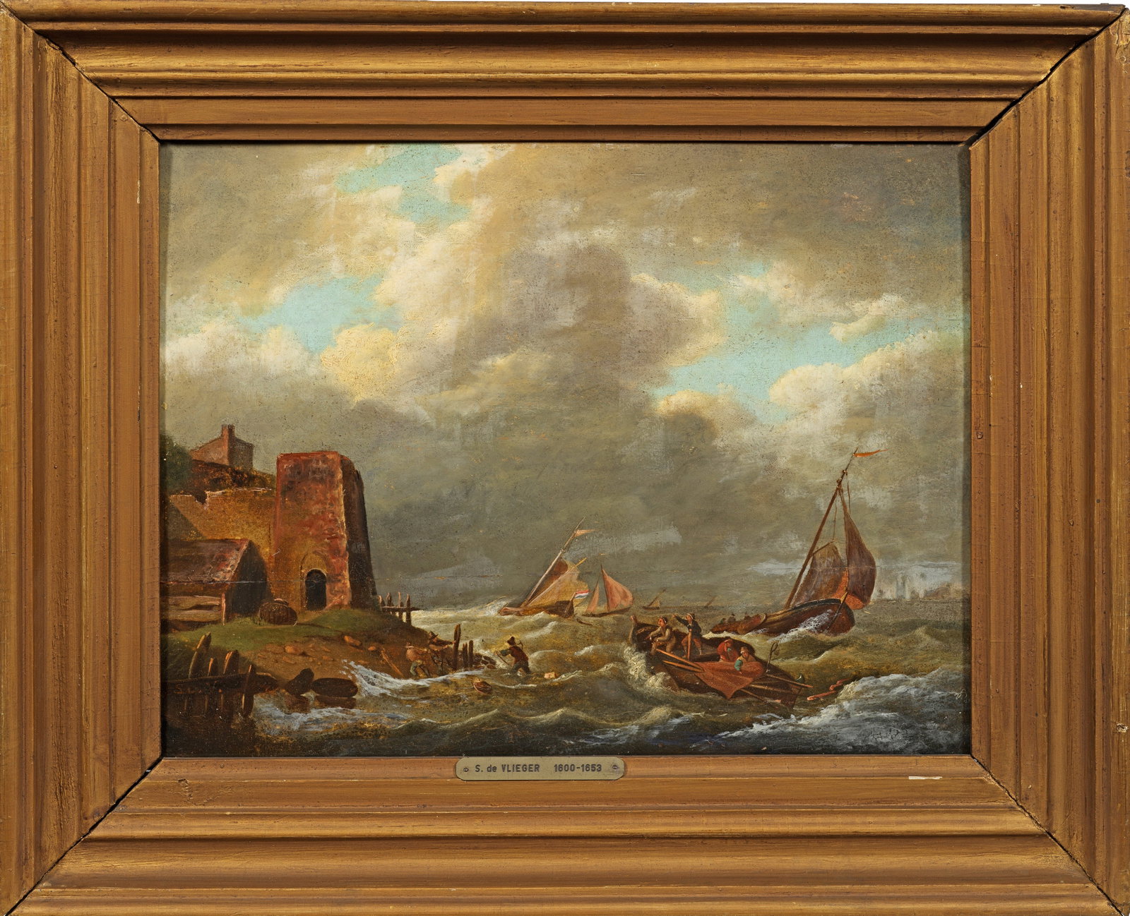 Simon Jacobsz. de Vlieger: (1600 Rotterdam - 1653 Weesp) Nachfolger des 18./19. Jh. Rettung vor dem Sturm Äußerst bewegte, detailreich geschilderte Küstenansicht, auf der zahlreiche Fischer versuchen, dem Sturm zu trotzen un