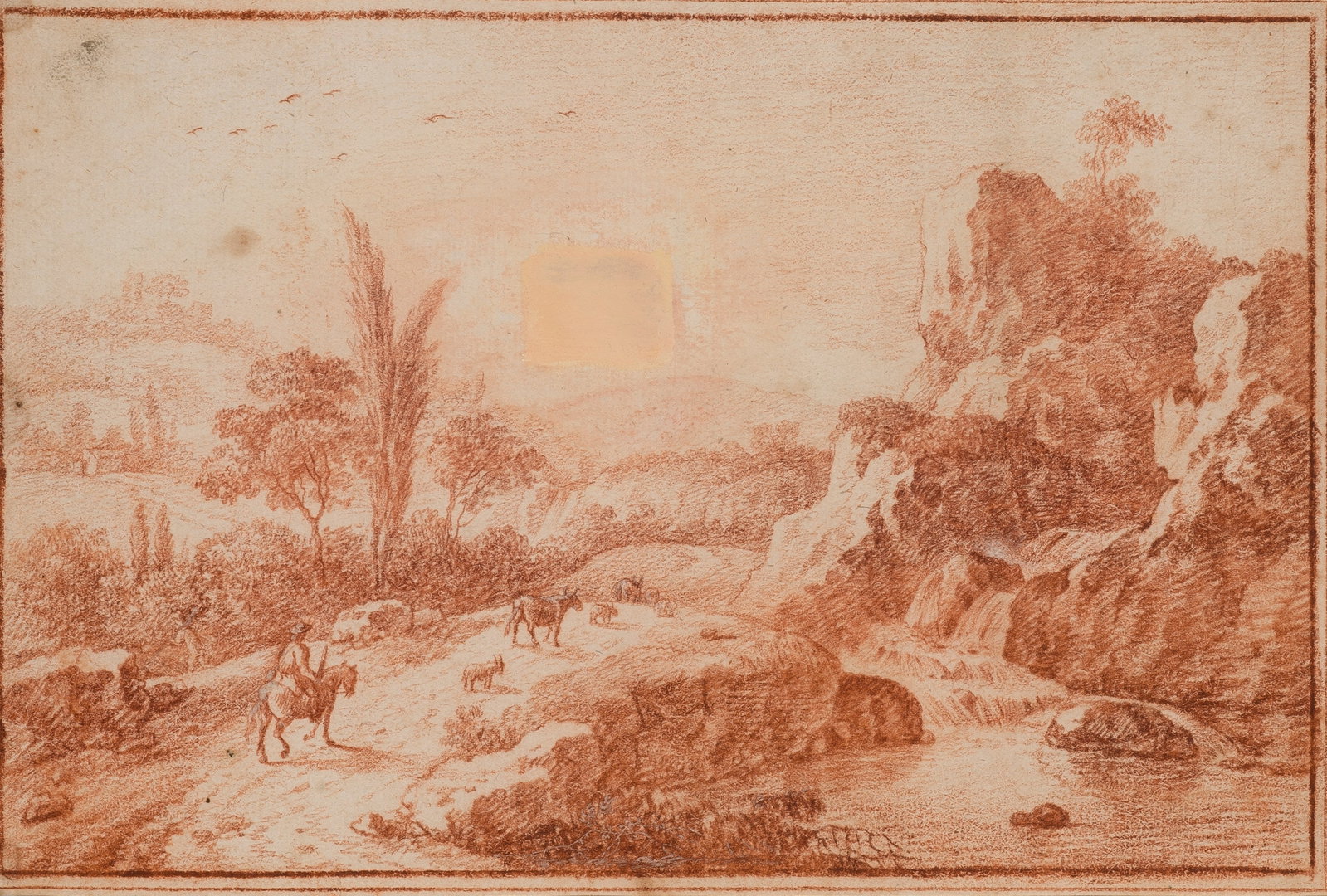 Jan Both: (1618 Utrecht - 1652 ebenda) Umkreis Reiter in felsiger Landschaft In idealisierter, mediterraner Landschaft mit schroffen Felswänden, reitet ein Viehhirte, begleitet von Ziegen, Schafen und einem Es