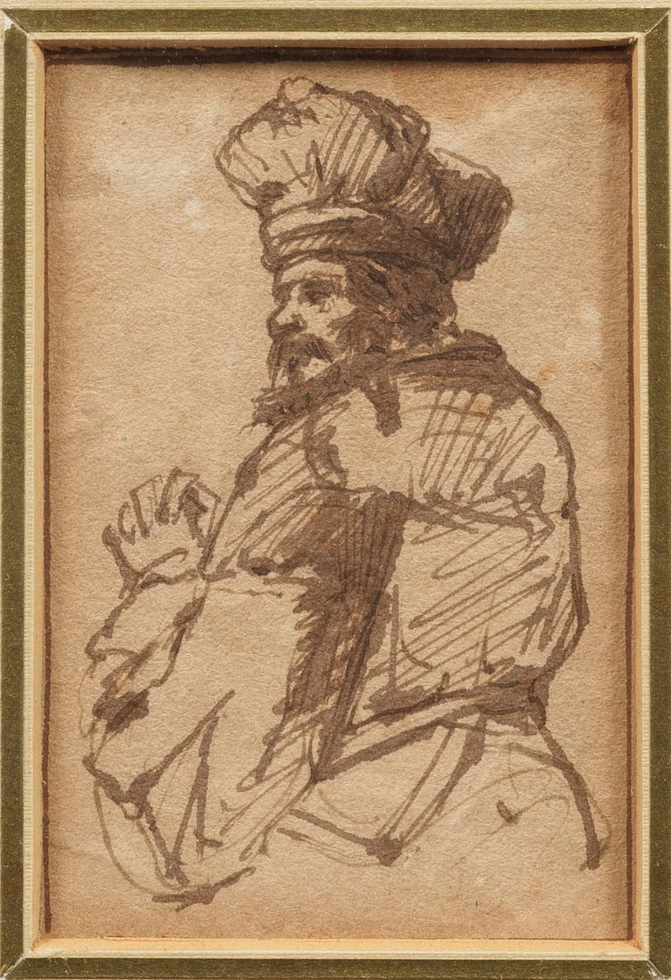 Rembrandt van Rijn: (1606 Leiden - 1669 Amsterdam) Umkreis oder Nachfolger des 17. Jh.; Bildnis eines Mannes mit Pelzmütze in halber Rückenansicht Bei der vorliegenden Zeichung handelt es um eine seitenverkehrte, freie