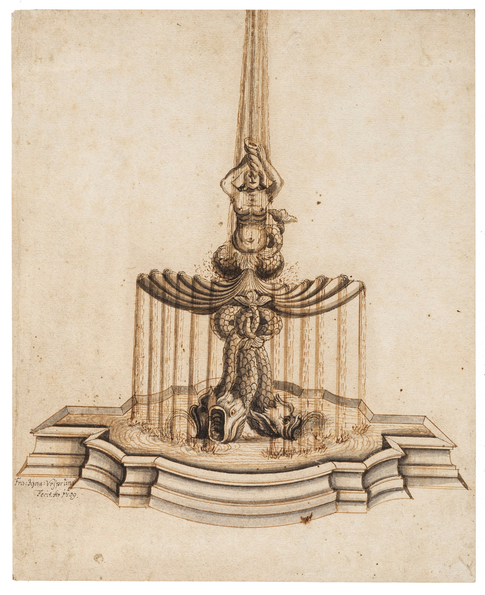 Franz Ignaz Ursprung: (Tätig Anfang 18. Jh.) Der Tritonenbrunnen in Neiße Fein durchgearbeitete Zeichnung des noch heute existierenden Tritonenbrunnens in Neiße (Nysa), wohl als Entwurfszeichnung zu betrachten. Der Brun