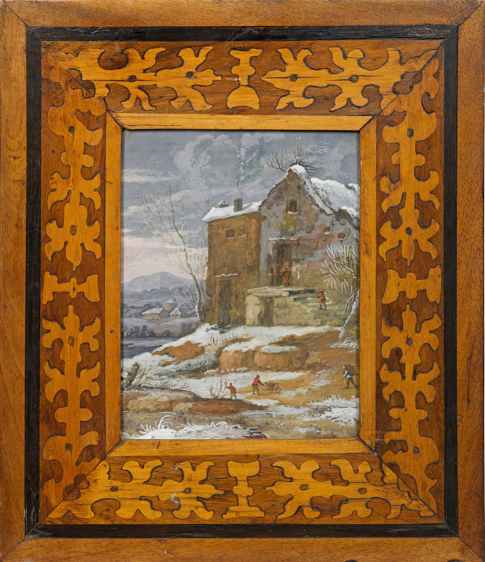Niederländischer Maler: (Tätig Ende 18. Jh./Anf. 19. Jh.) Winterliche Landschaft In der Nachfolge von Claes Molenaer angelegte Ansicht eines großen Steingebäudes in spärlich verschneiter, atmosphärisch beleuchteter Land