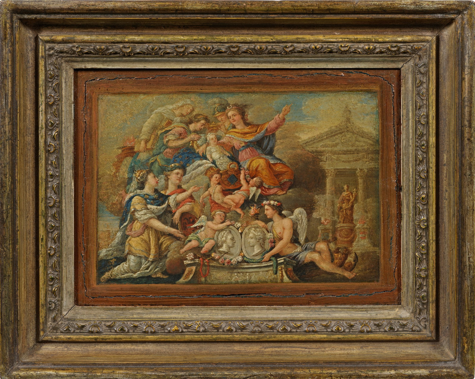 Österreichischer Maler: (Tätig um 1720, wohl in Wien) Allegorie auf die Geburt der Erzherzogin Maria Theresia von Österreich (1717 - 1780) An der Spitze einer Figurengruppe aus Göttern und Engeln sowie einer Königin, die