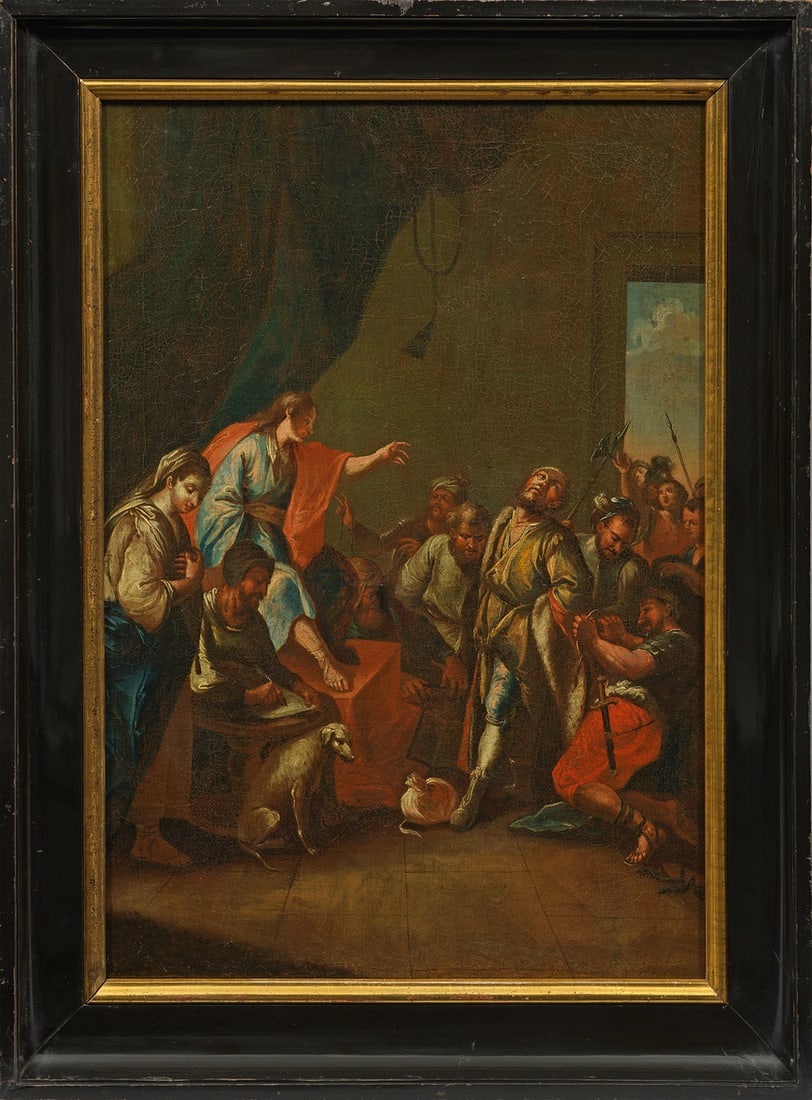 Niederländischer Maler: (Tätig im 18. Jh.) Judas gibt die Silberlinge zurück Neben dem Hohepriester sitzt der Evangelist Matthäus und schreibt die Geschichte über den folgenschweren Verrat, den Judas Ischariot, der Jüng