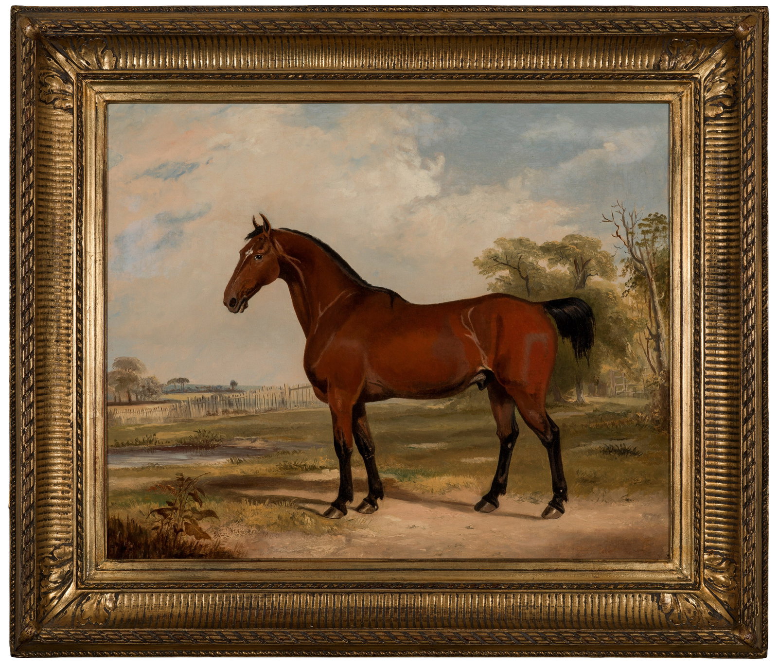 Frances Calcraft Turner: (1782/95 - 1864/65; Britischer Tier- u. Landschaftsmaler) Pferdebildnis Porträt eines sog. "Bay Hunters". Das muskulöse Tier im Profil wird in einer sommerlich anmutenden, flachen Landschaft mit Wei