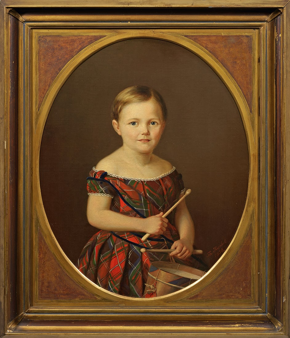 Theodor Kuchel: (1819 Altona - 1885 ebenda) Bildnis eines Mädchens mit Trommel In ein Oval komponiertes, spätbiedermeierliches, einfühlsam charakterisierendes Kinderporträt Theodor Kuchels, der die Maler- und Kü