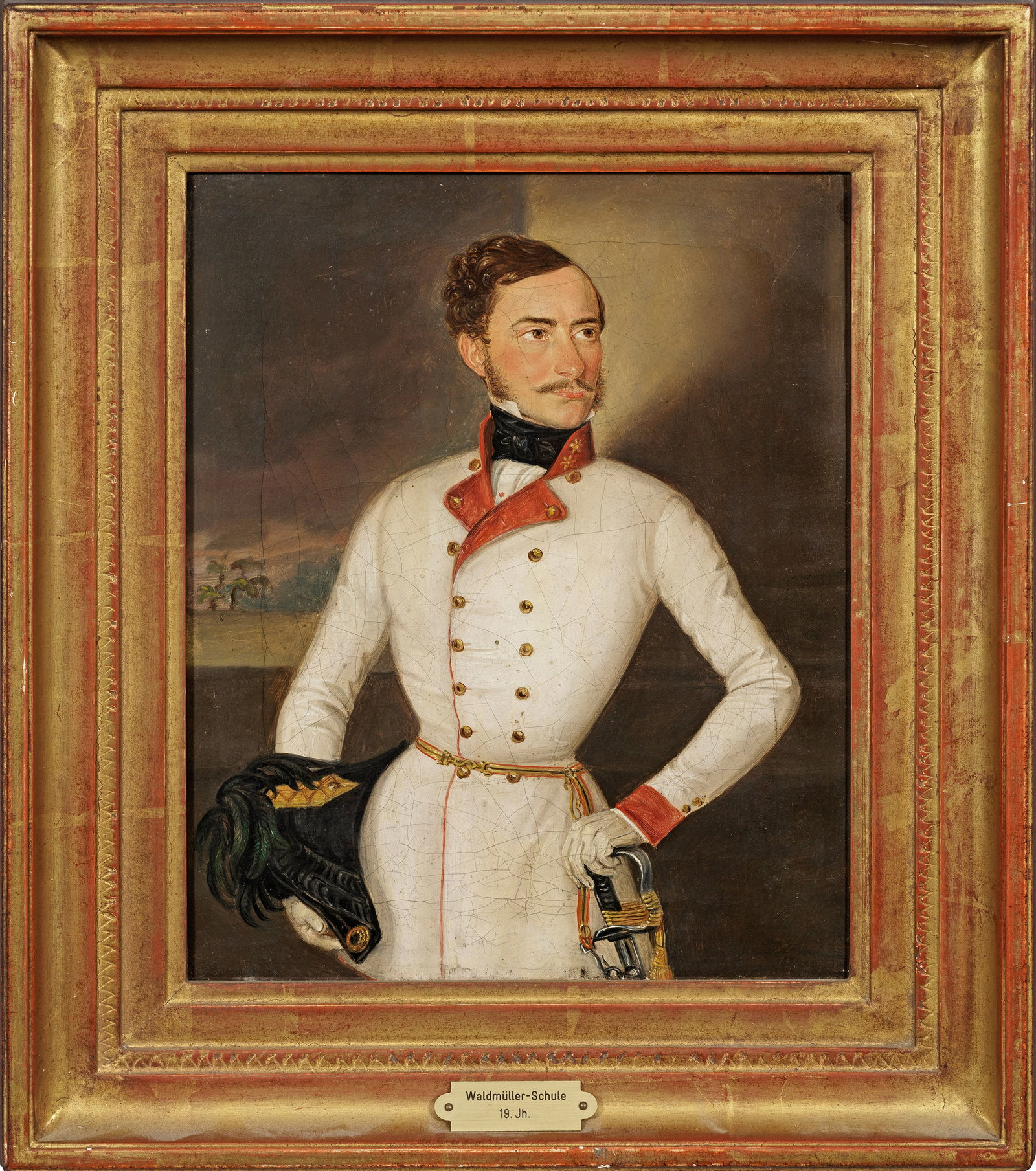 Österreichischer Porträtmaler: (Tätig im 19, Jh.) Biedermeier-Porträt eine Offiziers Repräsentatives Bildnis des Offiziers in charakteristischer Uniform der k.u.k. Monarchie in weißer Uniform mit roten Aufschlägen, in der rech