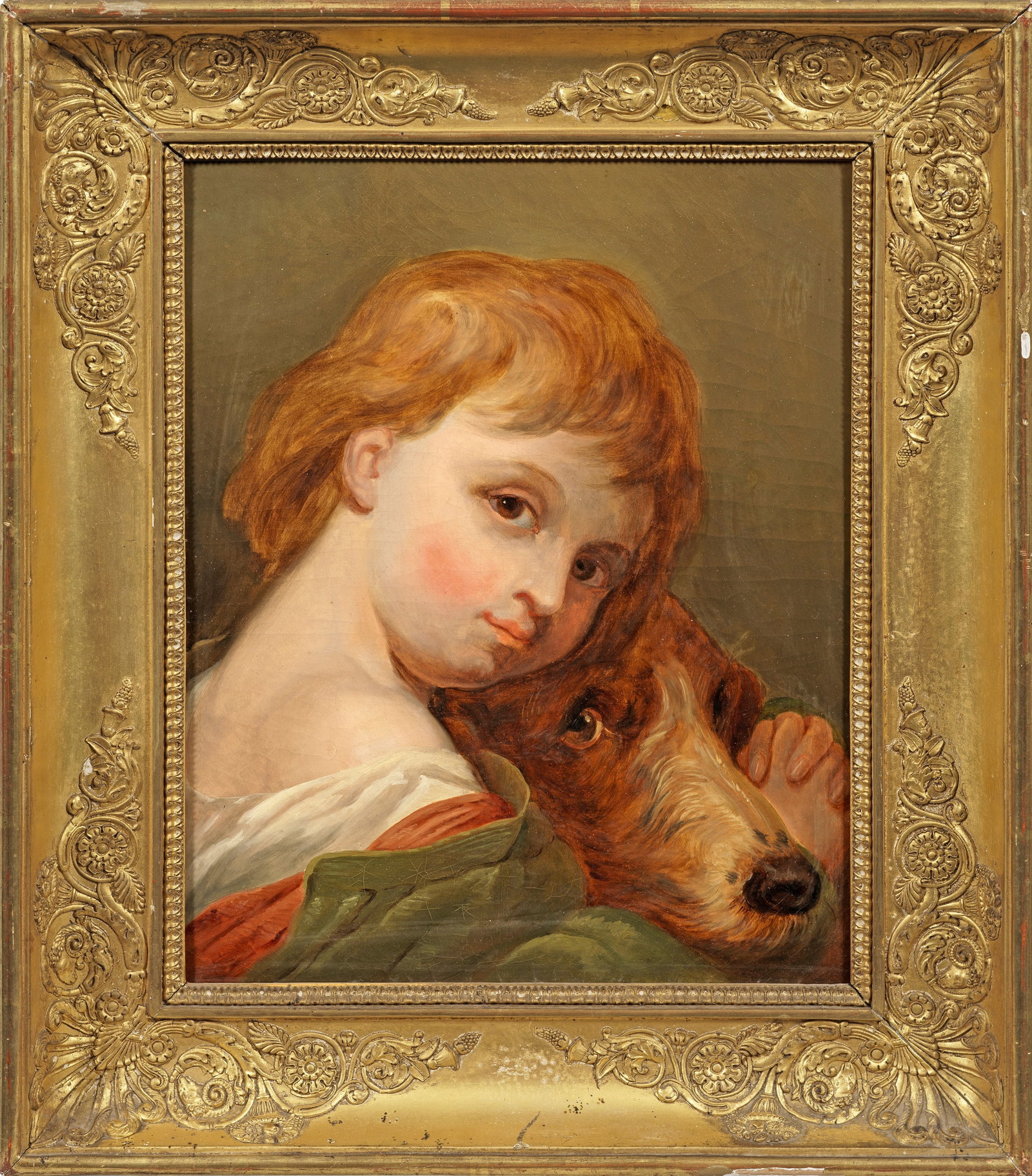 Claude Marie Dubufe: (1790 Paris - 1864 La Celle-Saint-Cloud), attr. Kind mit Hund Das betende Kind hält seinen treuen Freund fest umschlungen. Der eng gewählte Bildausschnitt zeigt ein mit flottem Pinselstrich