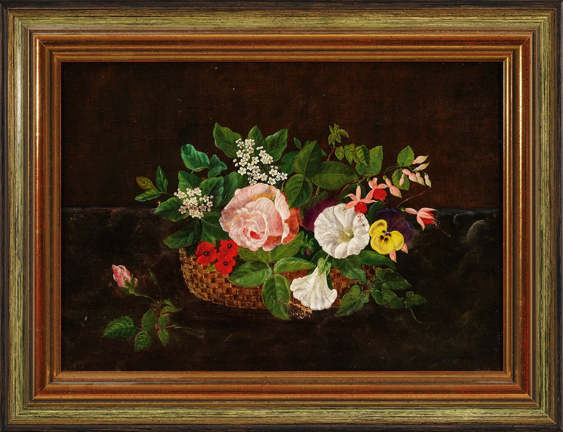 Johann Laurentz Jensen: (1800 Gentofte - 1856 Kopenhagen) Schule des 19. Jhs; Korb mit Rosen und anderen Sommerblumen Für die Jensen-Schule stil- und motivtypisches Werk, bei der die Blumen in leuchtender Farbigkeit vor dun