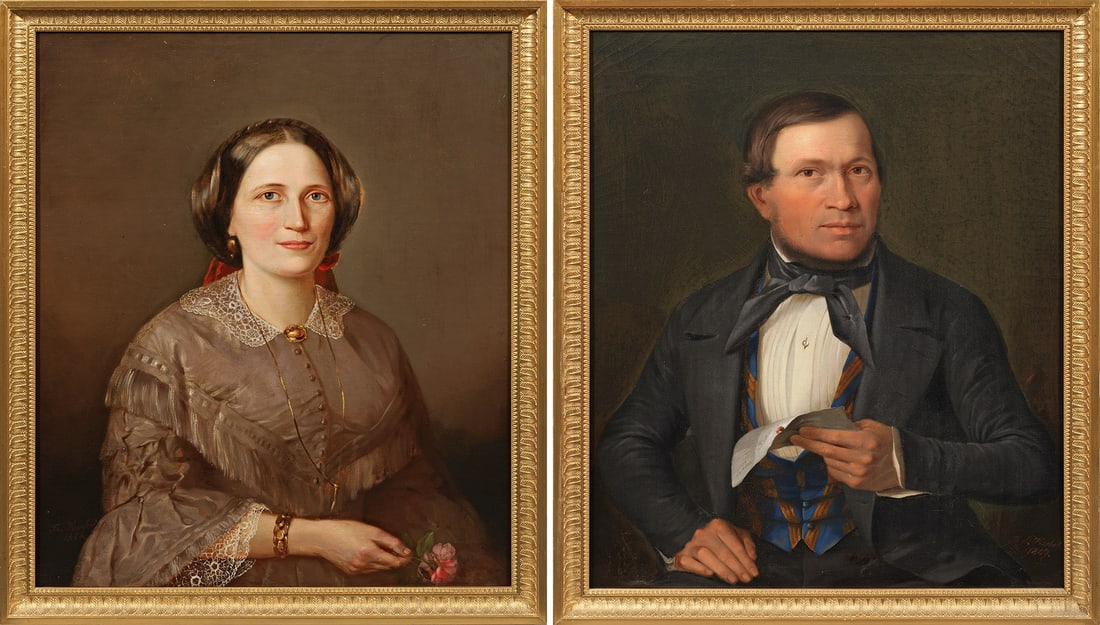 Theodor Kuchel: (1819 Altona - 1885 ebenda) Porträt eines jungen wohlhabenden Ehepaares Fein gemaltes, repräsentatives, spätbiedermeierliches Bildnispaar aus dem frühen Oeuvre Kachels. Öl/Lwd.; L. u. bzw. r. u.