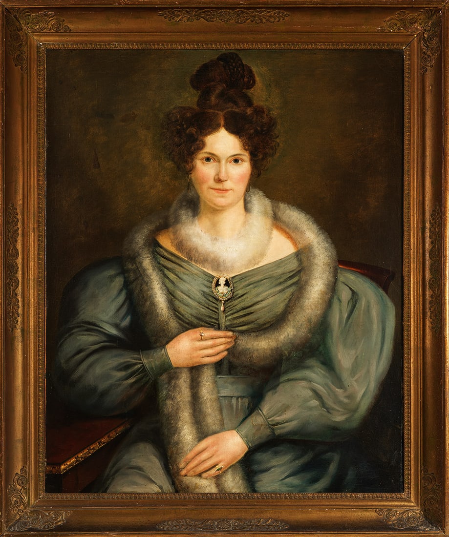 Belgischer Porträtmaler: (Tätig 1. Hälfte 19. Jh.) Bildnis von Julie van Migem geb. Collier de Beunie (1801 - 1868) Repräsentatives, künstlerisch qualitätvolles Porträt, das die wohlhabende Dargestellte en face in