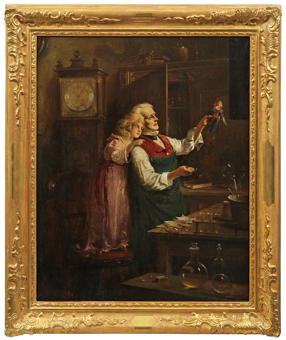 Deutscher Genremaler: (Tätig um 1860/1880) Der Puppendoktor Äußerst detailliert und feinfühlig geschilderte Werkstattszene, in der ein älterer Herr mit Schürze eine Puppe genauestens begutachtet, während er von eine