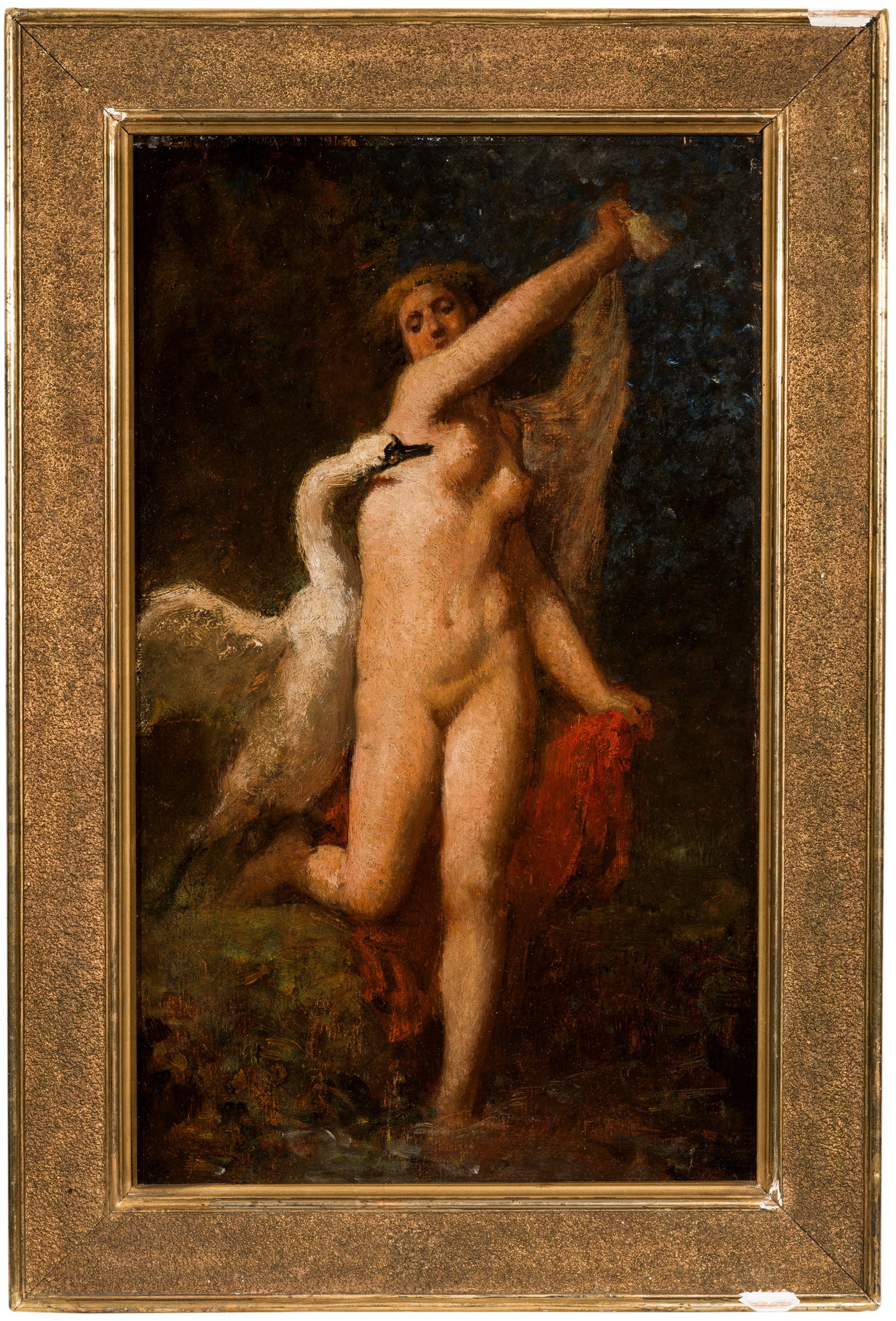François Feyen-Perrin: (1826 Bey-sur-Seille - 1888 Paris) Leda mit dem Schwan In duftig-lockerem Pinselstrich und erdiger Farbpalette angelegtes Kabinettbild, das in Stil und Sujet exemplarisch im Oeuvre Feyen-Perrins steht